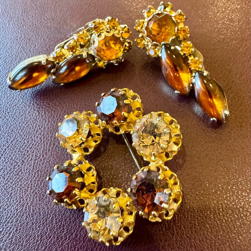 Vintage Austrian Marked Amber Crystal Brooch and Earrings Set